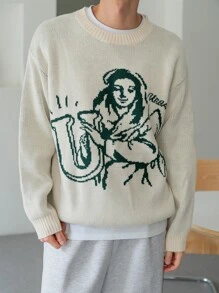 DAZY Suéter de caída con figura y patrón de letra, hombro caído para hombres, 1 pieza - Albaricoque - Ver 5