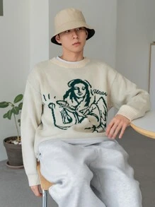 DAZY Suéter de caída con figura y patrón de letra, hombro caído para hombres, 1 pieza - Albaricoque - Ver 6