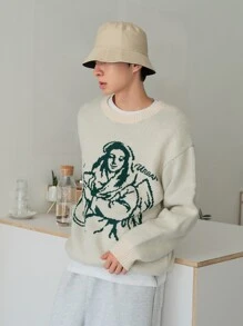 DAZY Suéter de caída con figura y patrón de letra, hombro caído para hombres, 1 pieza - Albaricoque - Ver 8