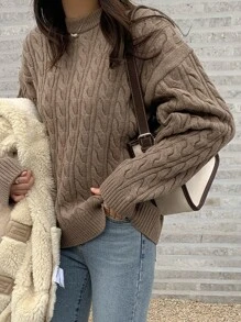 DAZY Jersey tejido de cable de hombros caídos - Marrón Mocha - Ver 1