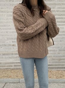 DAZY Jersey tejido de cable de hombros caídos - Marrón Mocha - Ver 3