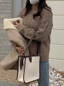 DAZY Jersey tejido de cable de hombros caídos - Marrón Mocha - Ver 4