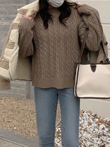 DAZY Jersey tejido de cable de hombros caídos - Marrón Mocha - Ver 8