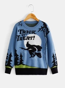 Boys Halloween Witch & Slogan Pattern Jumper - Blue - View 1