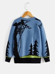 Boys Halloween Witch & Slogan Pattern Jumper - Blue - View 2