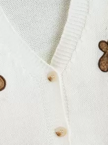 SHEIN Genkimix Kids 初中女生熊繡花下垂肩針織開衫 - 白色 - 查看 3