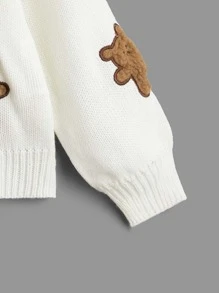 SHEIN Genkimix Kids 初中女生熊繡花下垂肩針織開衫 - 白色 - 查看 4