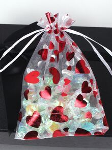 10pcs Organza Gift Bag, Heart Pattern Drawstring Candy & Cookie Party Favor Goodie Bag For Festival, Birthday Party Supplies