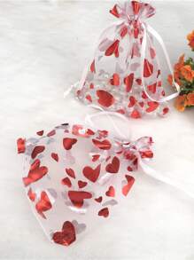 10pcs Organza Gift Bag, Heart Pattern Drawstring Candy & Cookie Party Favor Goodie Bag For Festival, Birthday Party Supplies