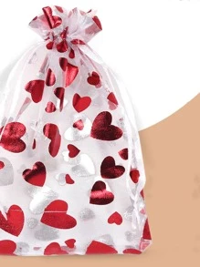 10pcs Organza Gift Bag, Heart Pattern Drawstring Candy & Cookie Party Favor Goodie Bag For Festival, Birthday Party Supplies