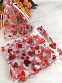 10pcs Organza Gift Bag, Heart Pattern Drawstring Candy & Cookie Party Favor Goodie Bag For Festival, Birthday Party Supplies