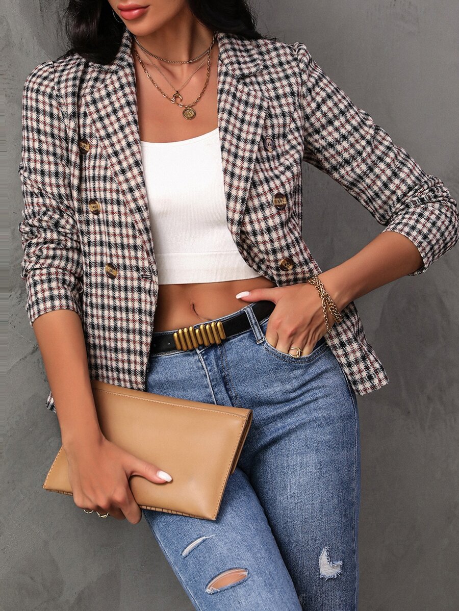 SHEIN Frenchy Plaid Double Breasted Blazer - Multicolor - View 1
