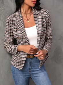 SHEIN Frenchy Plaid Double Breasted Blazer - Multicolor - View 7