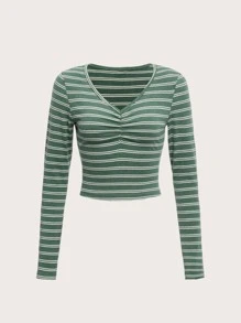 條紋圖案褶邊T恤 - 綠色 - 查看 1