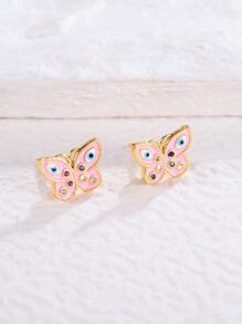 1pair Fashionable Rhinestone Decor Eye Detail Butterfly Design Stud Earrings For Women For Daily Decoration - Multicolor - View 1