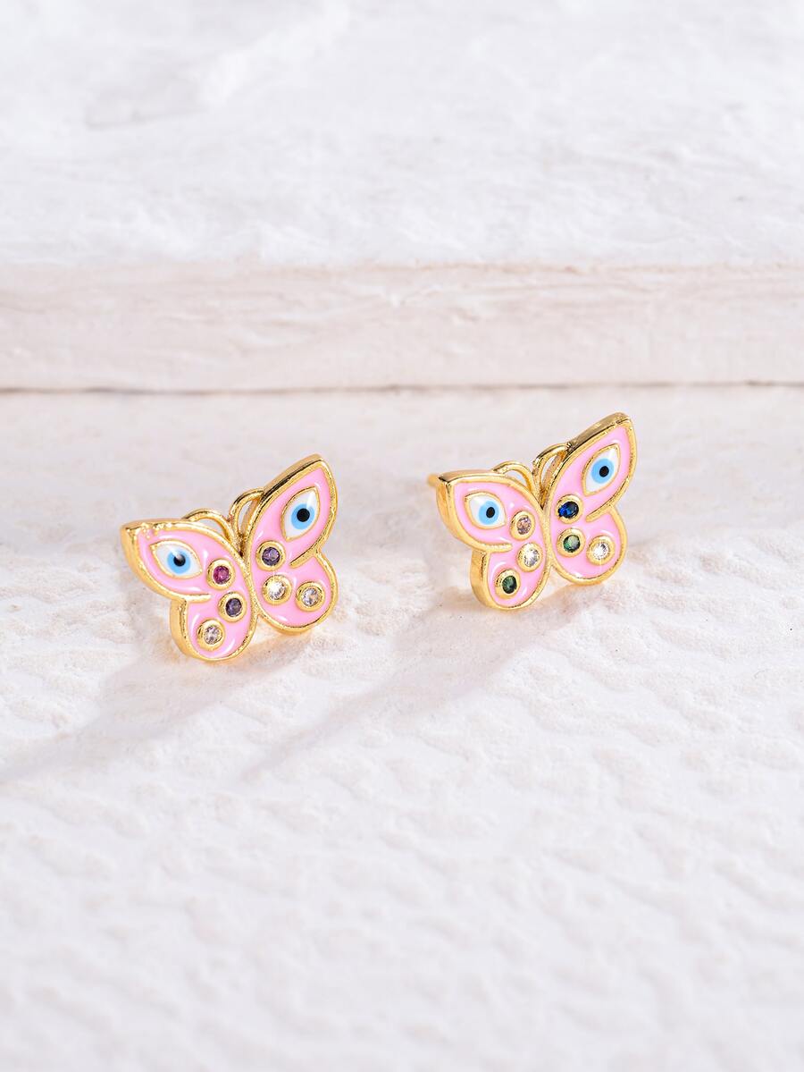 1pair Fashionable Rhinestone Decor Eye Detail Butterfly Design Stud Earrings For Women For Daily Decoration - Multicolor - View 1