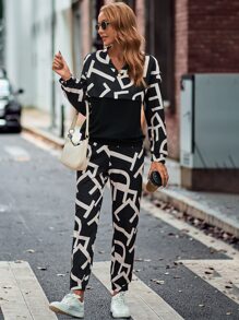 SHEIN LUNE All Over Letter Graphic Drop Shoulder Sweatshirt & Joggers - Black and White - View 4