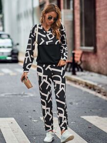 SHEIN LUNE All Over Letter Graphic Drop Shoulder Sweatshirt & Joggers - Black and White - View 3