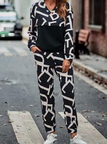 SHEIN LUNE All Over Letter Graphic Drop Shoulder Sweatshirt & Joggers - Black and White - View 6