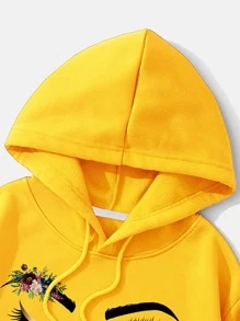 INAWLY Felpa con cappuccio termica foderata, maniche lunghe, con stampa floreale e a figura, scollo a goccia e coulisse - Giallo - Visualizzare 3