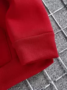 男士卡通和標語圖案加絨內裏袋鼠口袋抽繩連帽衫 - 紅色 - 查看 3