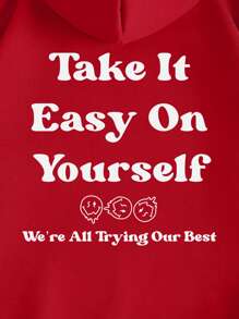 男士卡通和標語圖案加絨內裏袋鼠口袋抽繩連帽衫 - 紅色 - 查看 5