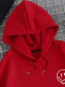 男士卡通和標語圖案加絨內裏袋鼠口袋抽繩連帽衫 - 紅色 - 查看 4