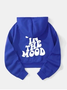 SHEIN EZwear Slogan Graphic Thermal Lined Drawstring Crop Hoodie - Royal Blue - View 1