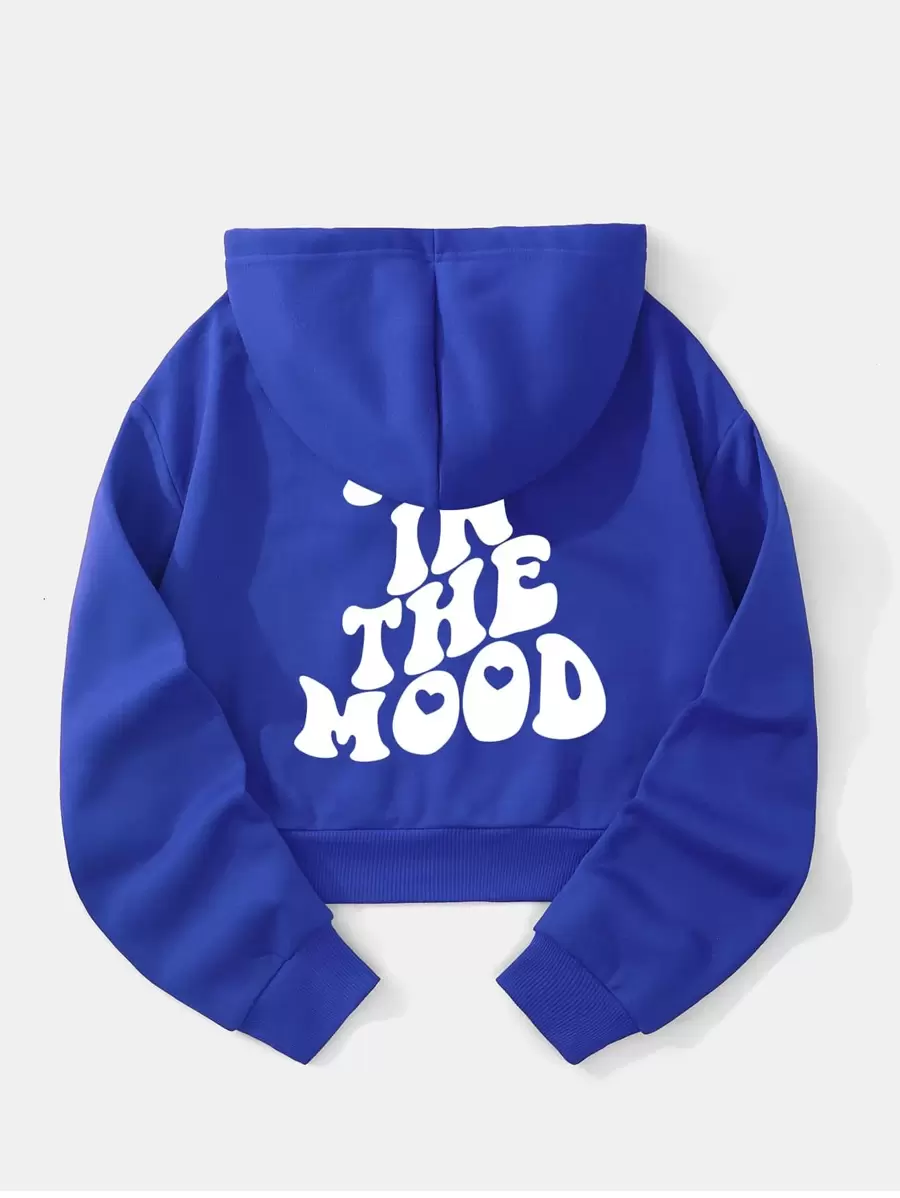 SHEIN EZwear Slogan Graphic Thermal Lined Drawstring Crop Hoodie - Royal Blue - View 1