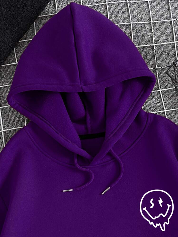 Homme Sweat-shirt à capuche à motif dessin animé et slogan à doublure thermique à poche kangourou à cordon - Prune - Voir 3