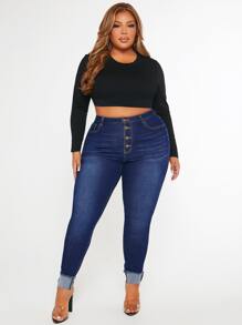 Plus Button Fly Raw Cut Skinny Jeans - Dark Wash - View 4