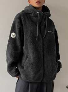 DAZY Letter Patched Detail Drop Shoulder Drawstring Hooded Teddy Coat ,Winter Women Clothes,Winter Coat Women Women Jacket,Fall Women Clothes - Dark Grey - View 1