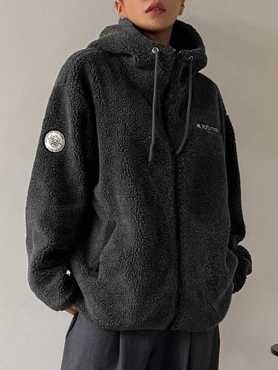 DAZY Letter Patched Detail Drop Shoulder Drawstring Hooded Teddy Coat ,Winter Women Clothes,Winter Coat Women Women Jacket,Fall Women Clothes - Dark Grey - View 1