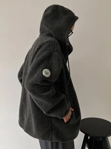 DAZY Letter Patched Detail Drop Shoulder Drawstring Hooded Teddy Coat ,Winter Women Clothes,Winter Coat Women Women Jacket,Fall Women Clothes - Dark Grey - View 2