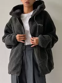 DAZY Letter Patched Detail Drop Shoulder Drawstring Hooded Teddy Coat ,Winter Women Clothes,Winter Coat Women Women Jacket,Fall Women Clothes - Dark Grey - View 3