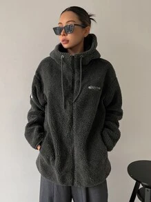 DAZY Letter Patched Detail Drop Shoulder Drawstring Hooded Teddy Coat ,Winter Women Clothes,Winter Coat Women Women Jacket,Fall Women Clothes - Dark Grey - View 6