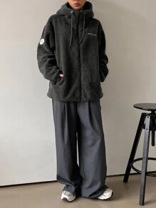 DAZY Letter Patched Detail Drop Shoulder Drawstring Hooded Teddy Coat ,Winter Women Clothes,Winter Coat Women Women Jacket,Fall Women Clothes - Dark Grey - View 8