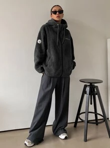 DAZY Letter Patched Detail Drop Shoulder Drawstring Hooded Teddy Coat ,Winter Women Clothes,Winter Coat Women Women Jacket,Fall Women Clothes - Dark Grey - View 9