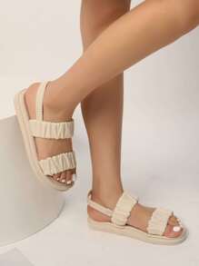 Sweet Style Women's Flat Sandals, Open Toe Beach Shoes With Folded Design For Spring/Summer Valentines - Beige - View 4