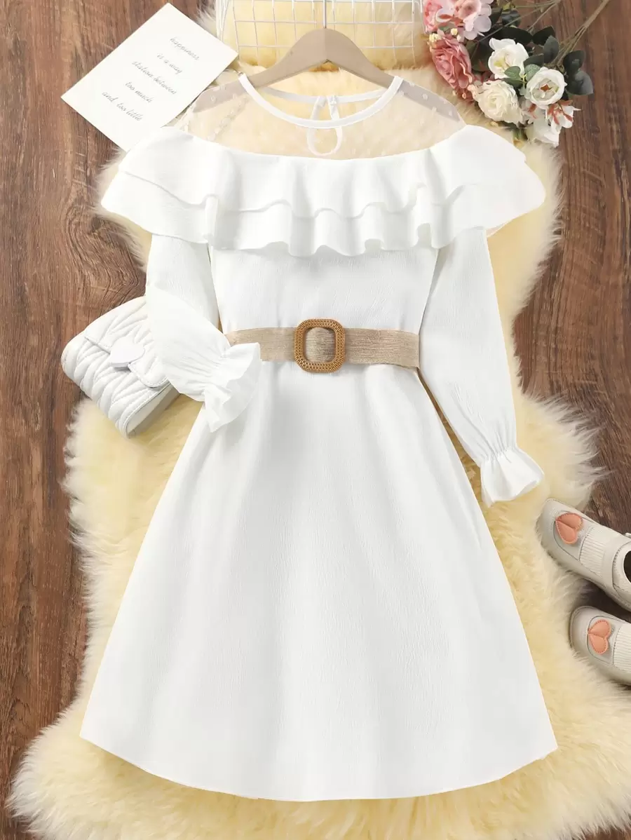 SHEIN Tween Girl Contrast Dobby Mesh Flounce Sleeve Ruffle Trim Belted Dress