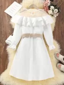 SHEIN Tween Girl Contrast Dobby Mesh Flounce Sleeve Ruffle Trim Belted Dress