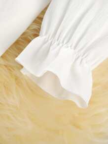 SHEIN Tween Girl Contrast Dobby Mesh Flounce Sleeve Ruffle Trim Belted Dress