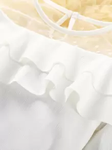 SHEIN Tween Girl Contrast Dobby Mesh Flounce Sleeve Ruffle Trim Belted Dress