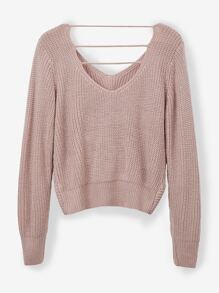 SHEIN LUNE Pearls Beaded Cut Out Back Crossover Jumper - Baby Pink - View 2