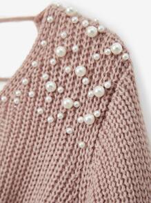 SHEIN LUNE Pearls Beaded Cut Out Back Crossover Jumper - Baby Pink - View 4