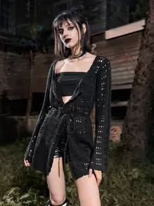 ROMWE Goth Hollow Out Tie Front Cardigan - Black - View 1