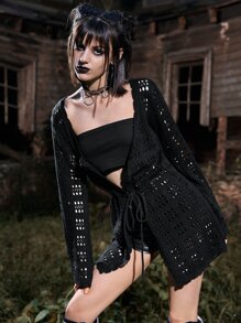 ROMWE Goth Hollow Out Tie Front Cardigan - Black - View 3