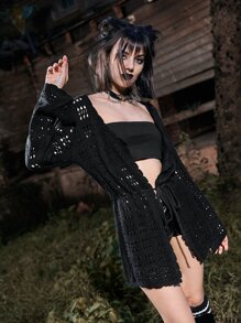 ROMWE Goth Hollow Out Tie Front Cardigan - Black - View 4