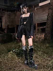 ROMWE Goth Hollow Out Tie Front Cardigan - Black - View 5