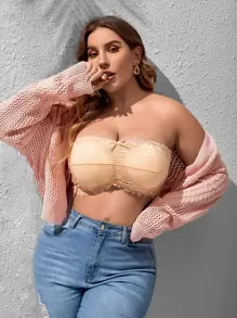 Plus Floral Lace Ruched Bow Front Bandeau Bralet - Apricot - View 1